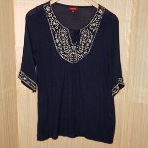 Lineas  Boho Gauzy Navy 3/4 Sleeve Tunic Small